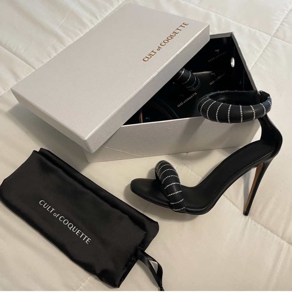 Cult of Coquette Black Embellished Ankle-Strap Stiletto Heels